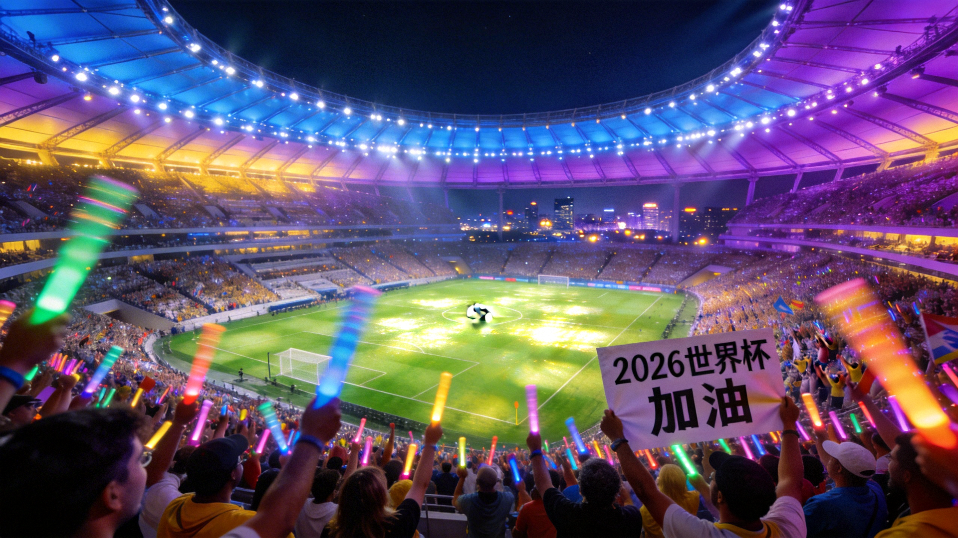 2026世界杯体育场全景灯光效果与球迷欢呼盛况